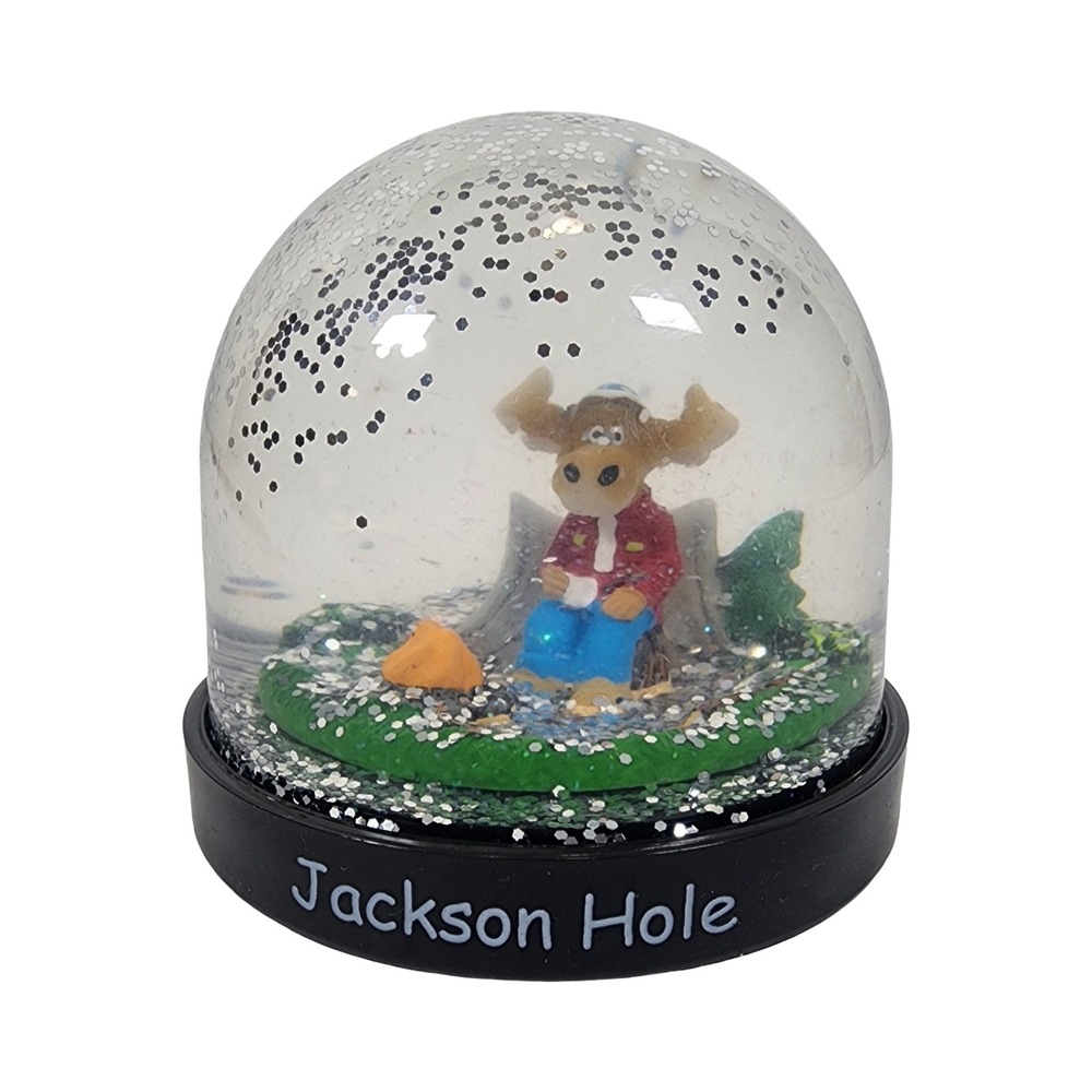 Jackson Hole Wyoming Moose Campfire Snow Globe Souvenir Silver Glitter 2.5 Inch